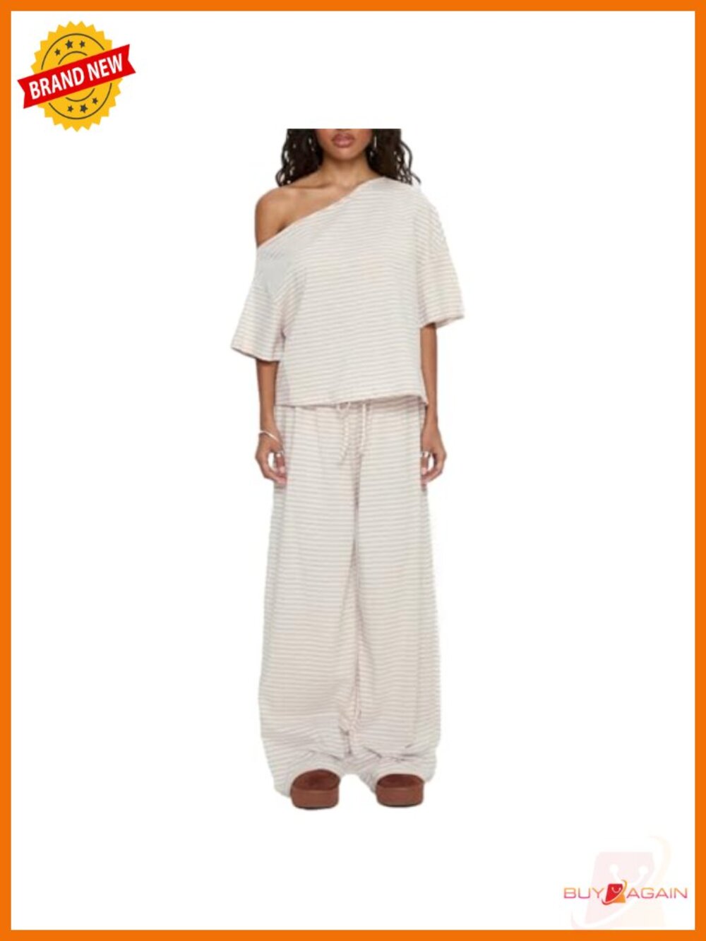 Striped Off Shoulder Pajama Set Short Sleeve Drawstring Wide Leg Pants Lounge